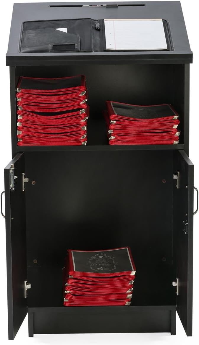 45.5' Tall Podium with Locking Cabinet, Inner Shelf, 25' Wide Angled Surface with Lip (Black)