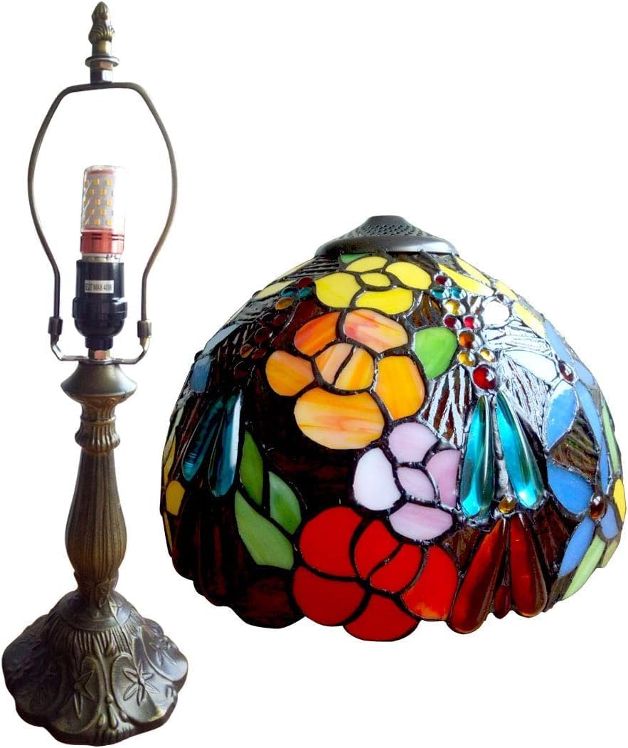 Tiffany Tall Table Lamps Bedside Nightstand Rose Flower Beads Stained Glass Table Lamp for Bedroom,Living Room,Dining Room Restaurant Hotel Desk Reading Light+LED Bulb,12X12X18 INCH