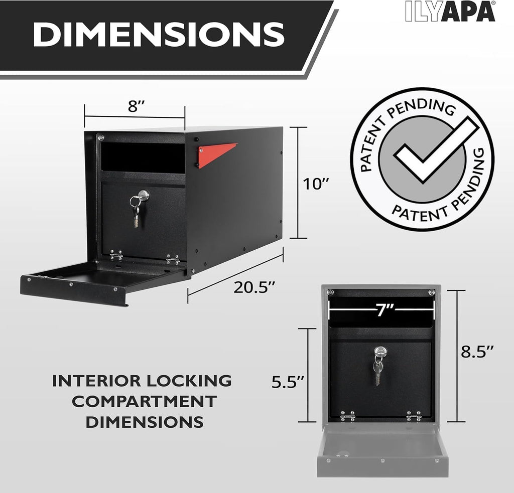 Ilyapa Locking Mailbox with Lock and Key Modern Mailboxes for Outside Post Mount - Black Powder Coated Steel, All Weather & Corrosion Resistant, Stainless Steel, Modern
