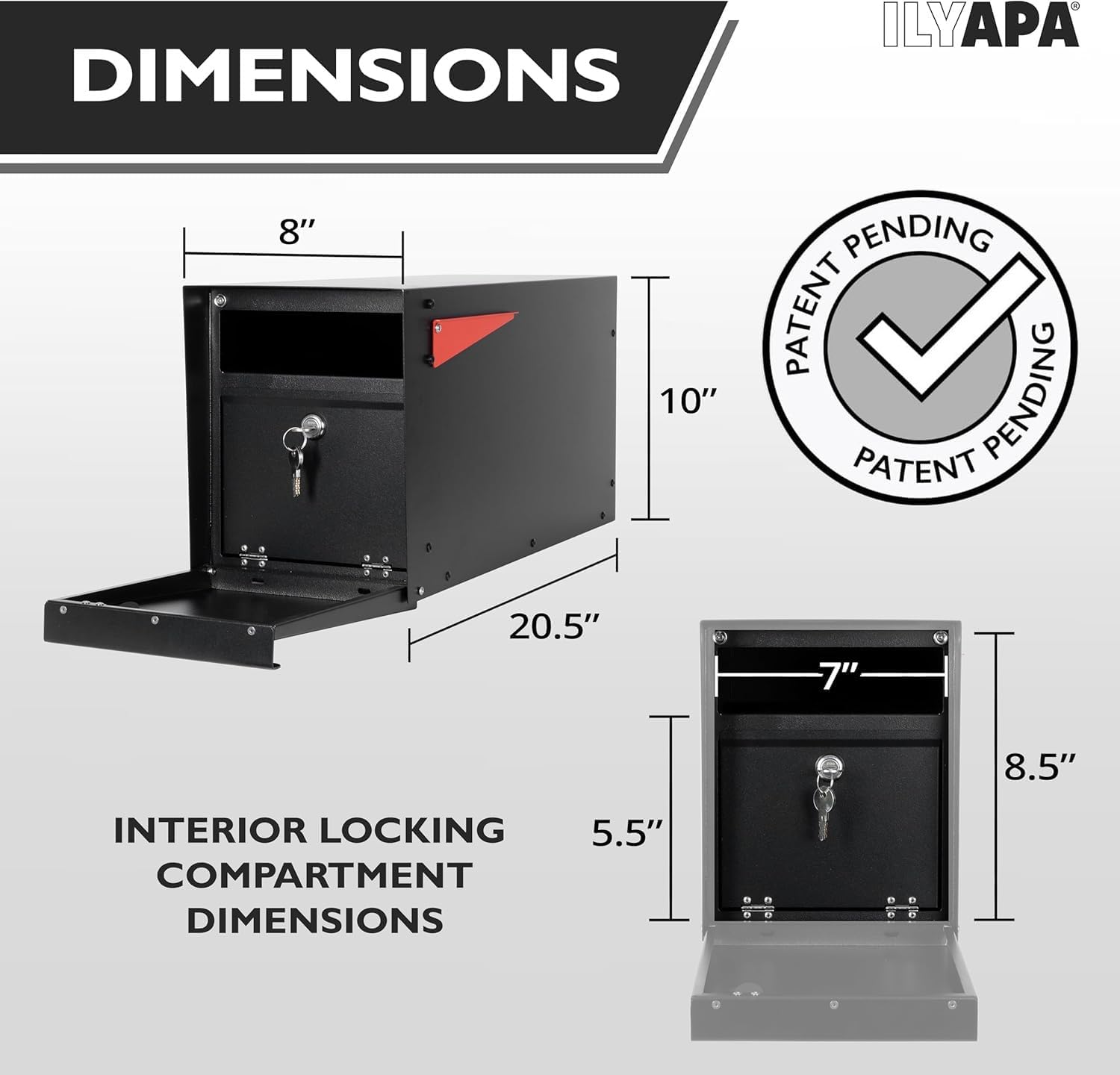 Ilyapa Locking Mailbox with Lock and Key Modern Mailboxes for Outside Post Mount - Black Powder Coated Steel, All Weather & Corrosion Resistant, Stainless Steel, Modern
