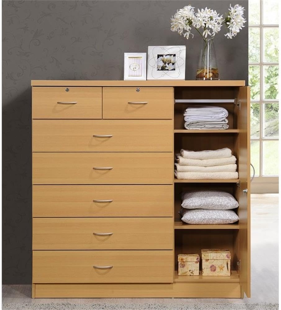 BOWERY HILL 7 Drawer Chest, Beech Wood Finish, Locks on 2 Drawers and 1 Door, Adjustable Shelves, Hanging Rod, Metal Roller Glides, Double Ring Pull Handles, 48.6 in H x 47.2 in W x 17.6 in D