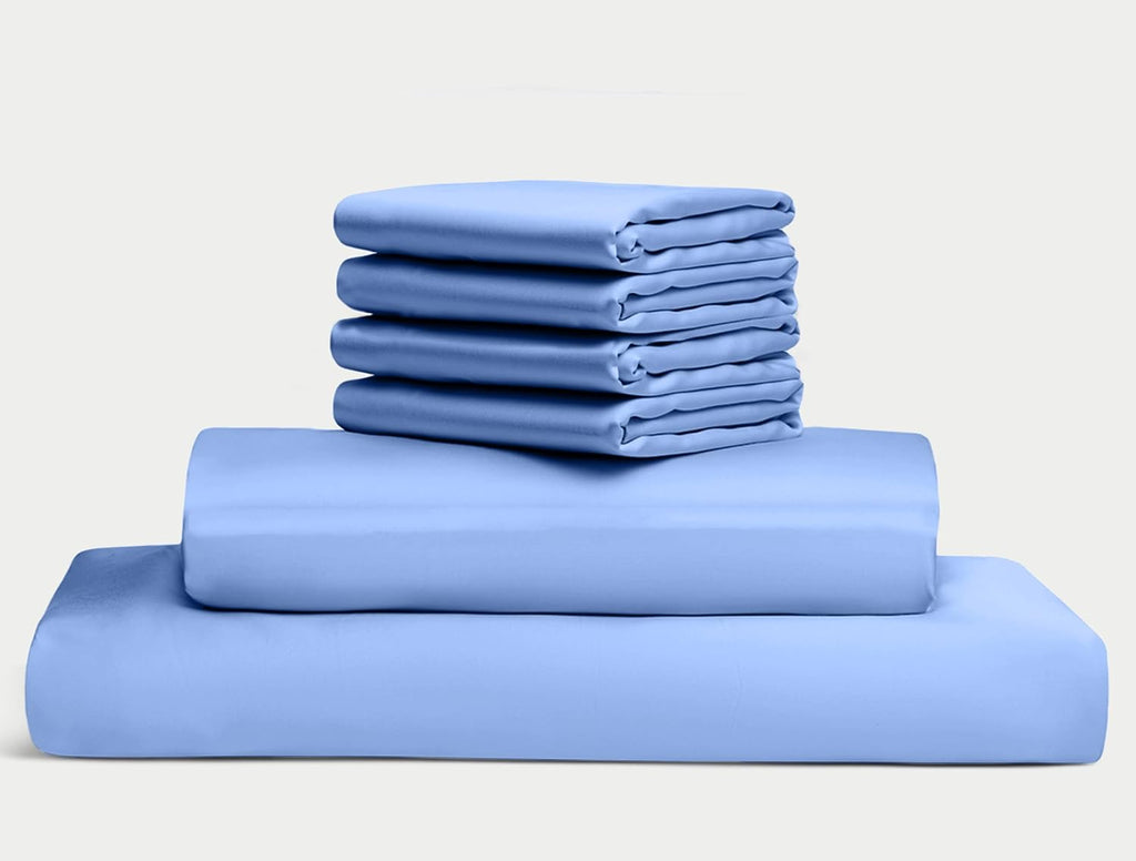 100% Egyptian Long Staple Cotton Bedsheet Set, 800 Thread Count, 6-PC Sheets Set, Sky Blue Color, Queen Size, 15 Inch Deep Pocket of Fitted Sheet, Soft Sateen Weave Breathable