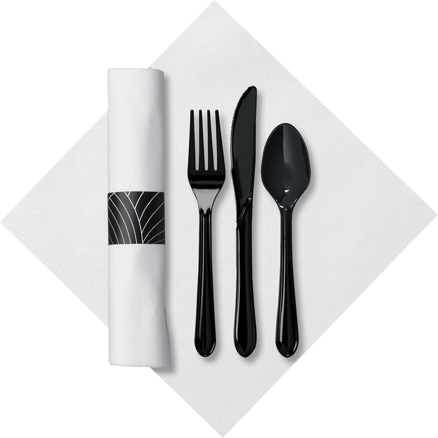 CaterWrap Pre-Rolled Cutlery, Mystic Linen-Like Napkin, Black/White, Case Of 200 Rolls