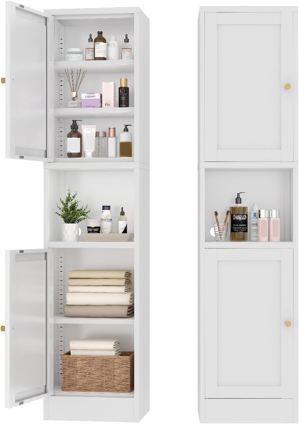 Metal Bathroom Storage Cabinet, 67' Tall Narrow Freestanding Floor Cabinet with Adjustable Shelves and Open Compartment, Slim Metal Locker for Laundry, Kitchen, Dining Room