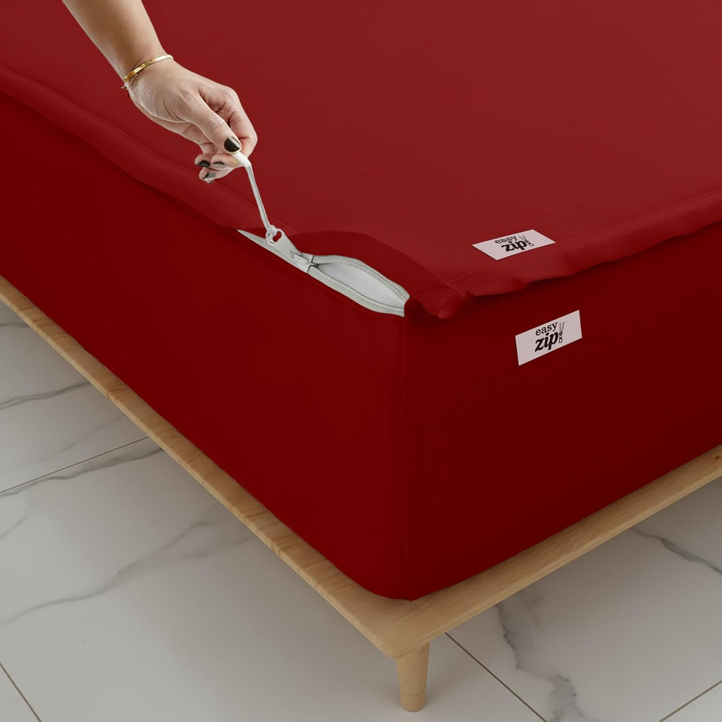 COTTON STICH 600 TC Zipper Fitted Sheet, 100% Egyptian Cotton, 18' Deep Pocket, Easy Zip Change, All-Around Secure Fit - Queen Size Bed - Burgundy