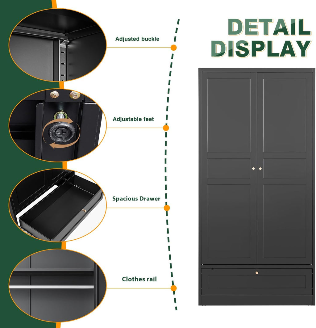 Letaya Wardrobe Closet,72' H Clothing Metal Storage Cabinet with Storage Drawer Adjustable Shelves and Hanging Rod,Bedroom Armoire Cabinet Clothes Organizer (Black)