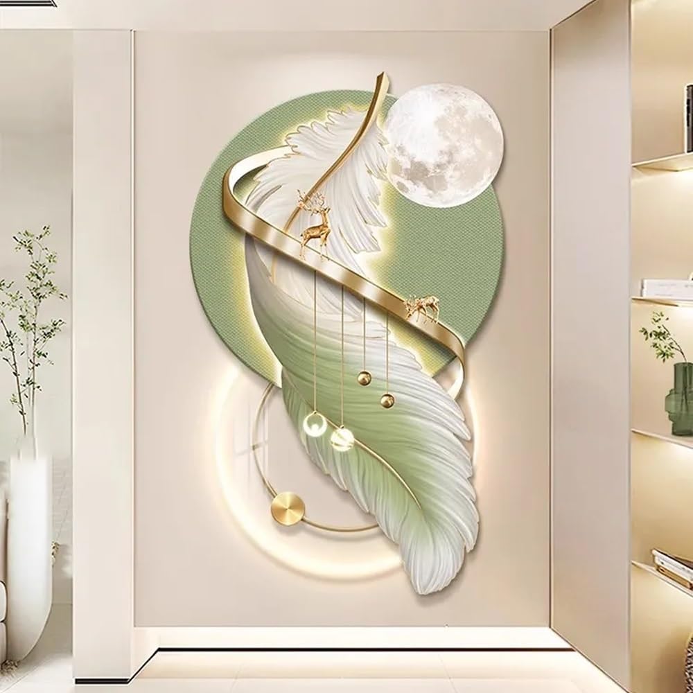 Feather Wall Decor, 3D Wall Painting with Light, Plug-in Power Supply 3D Wall Art Decor with Led Lights, Art for Walls for Living Room Entrance Corridor(D,48x80cm/18.9x31.5in)