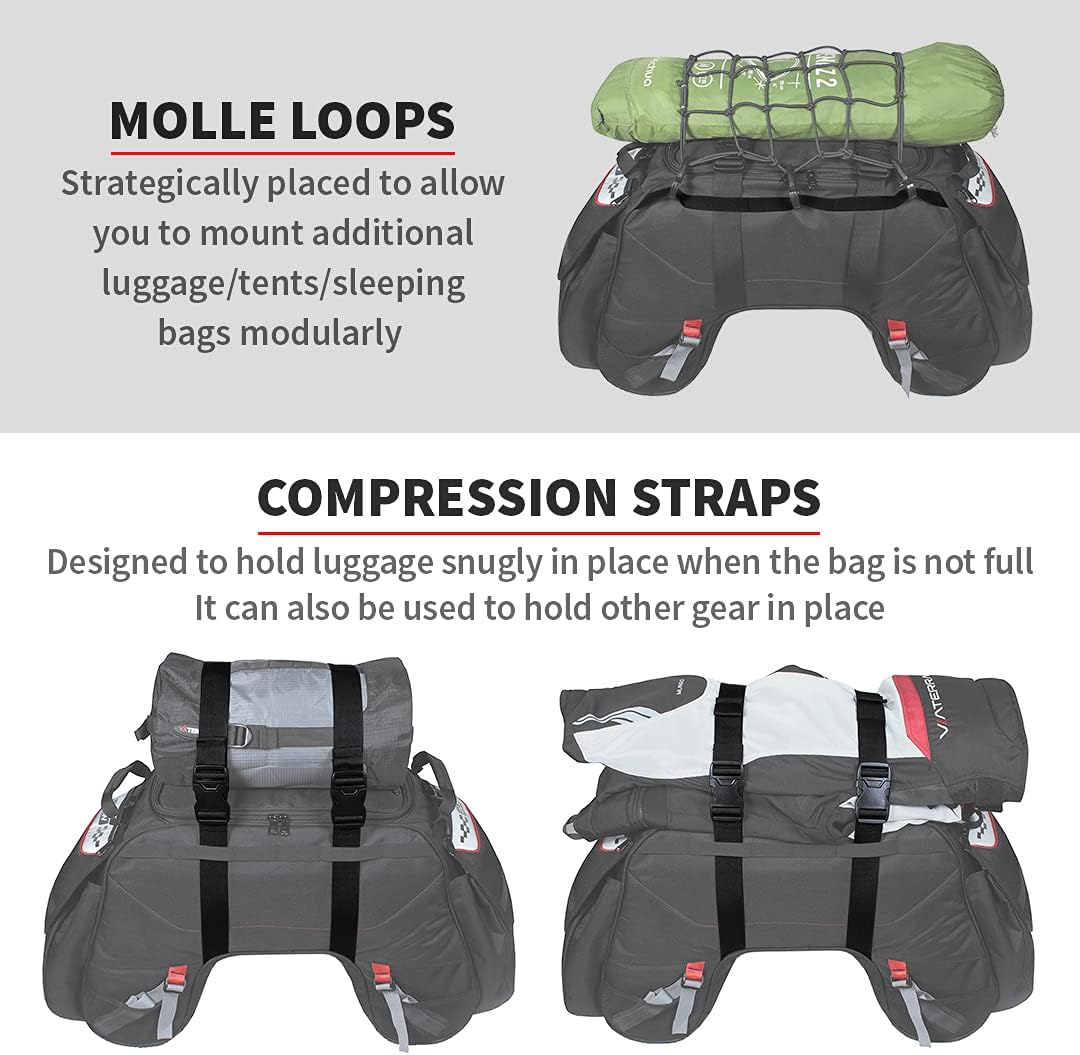ViaTerra 100% Waterproof Claw Motorcycle Tail Bag (72L, Black) I Roll top Construction with Inner Liner I Free Outer Rain/Dust Cover I Fits Most Bikes