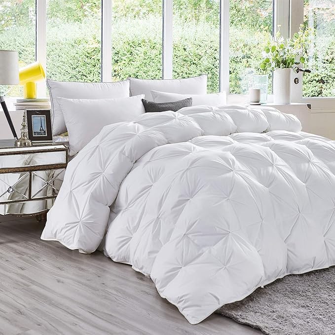Premium All-Season Full Size Luxury Siberian Goose Down Pinch Pleated Comforter Duvet Insert 1200 Thread Count 100% Egyptian Cotton Down Feather Comforter (Full, White)