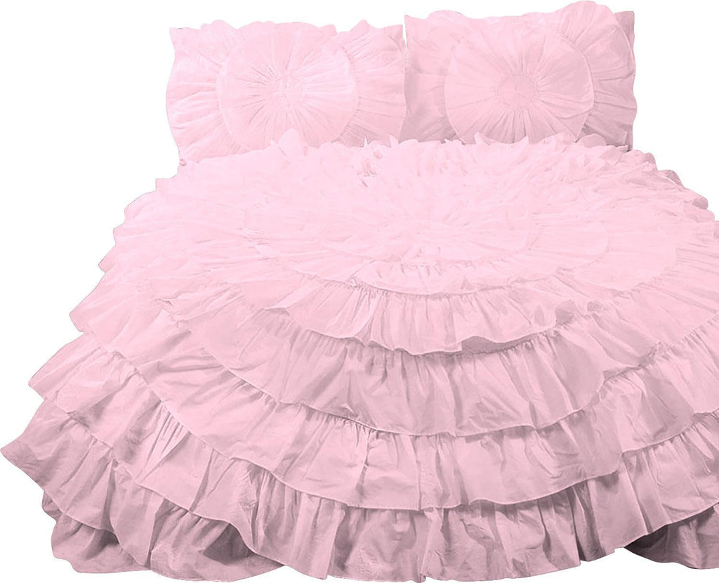 3 Piece 100% Egyptian Cotton Circle Ruffle Comforter Set, 550 GSM Filled Microfiber - Full/Queen Size, Light Pink Color - 1000 Thread Count