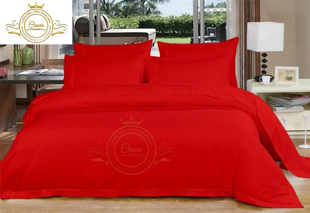 Crown Collection Hotel Beddings 600-Thread-Count 100% Egyptian Cotton 4 Piece Sheet Set Fit Upto 12' Deep Pocket Queen Size All Around Elastic Fit Damask Striped, Burgundy