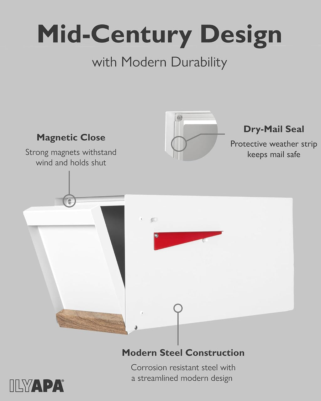 Ilyapa Modern Mailbox Post Mount Mailboxes for Outside - 21x8x10 White Powder Coated Metal Mailbox with Printed Ash Wood Grain Trim - Waterproof for Parcels, Magnetic Close Door