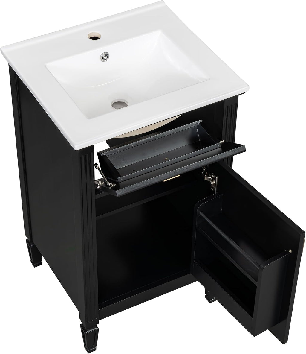 Harper & Bright Designs 20' Bathroom Vanity with Sink, Free Standing Vanity Set with Tip-Out Drawer, Storage Racks, and Adjustable Shelf, Wood Bathroom Cabinet with Ceramic Basin for Bathroom, Black