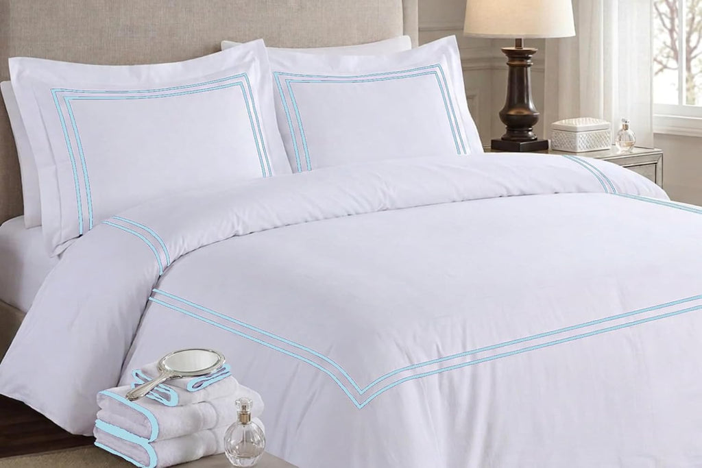 BedDecor Luxury 400-TC Egyptian Cotton 5PC Embroidered Duvet Cover Set with Beautiful 2-Stripe Embroidery(Light Blue, Twin/Twin XL)