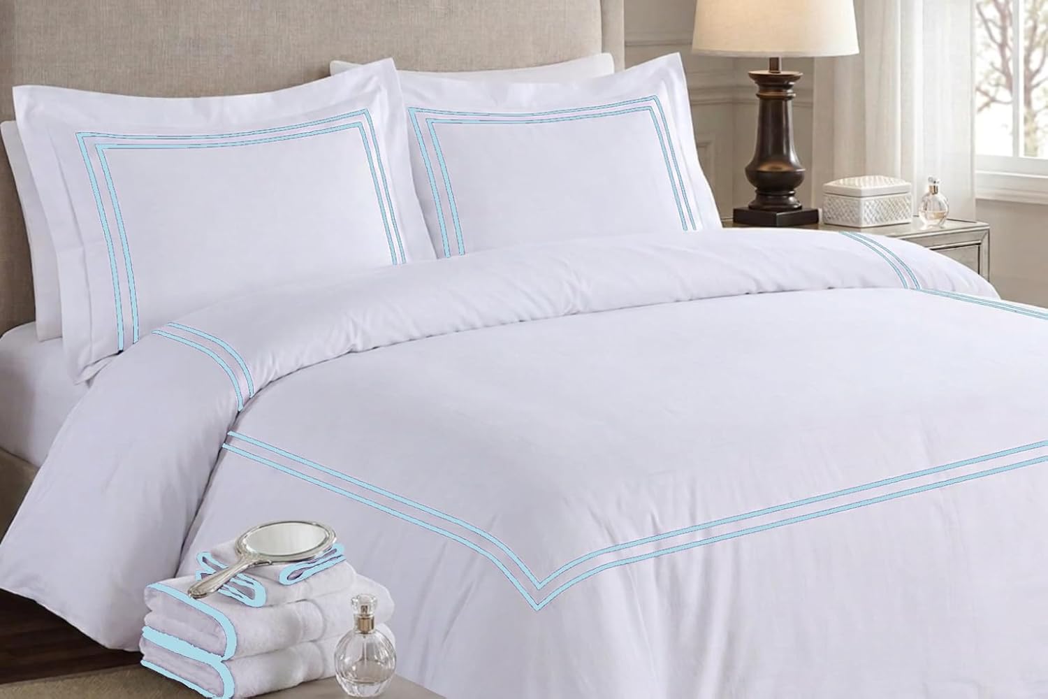 BedDecor Luxury 400-TC Egyptian Cotton 5PC Embroidered Duvet Cover Set with Beautiful 2-Stripe Embroidery(Light Blue, Twin/Twin XL)