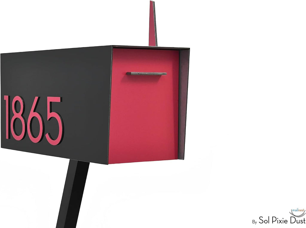 Contemporary Post-Mount Mailbox - Aluminum Black Body with Aluminum Door, Numbers and Flag - Large Customized Mailbox - Type 4 (Dark Pink)