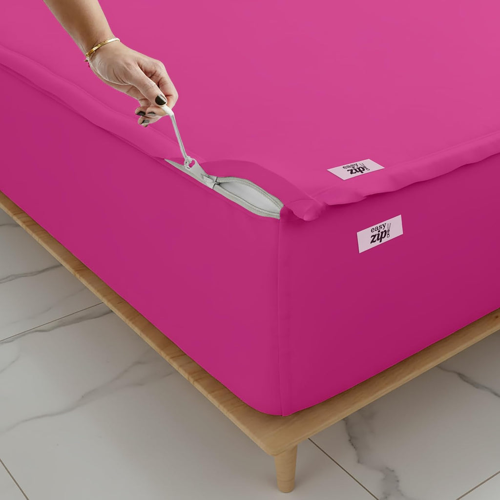 COTTON STICH 600 TC Zipper Fitted Sheet, 100% Egyptian Cotton, 18' Deep Pocket, Easy Zip Change, All-Around Secure Fit - Queen Size Bed - Hot Pink