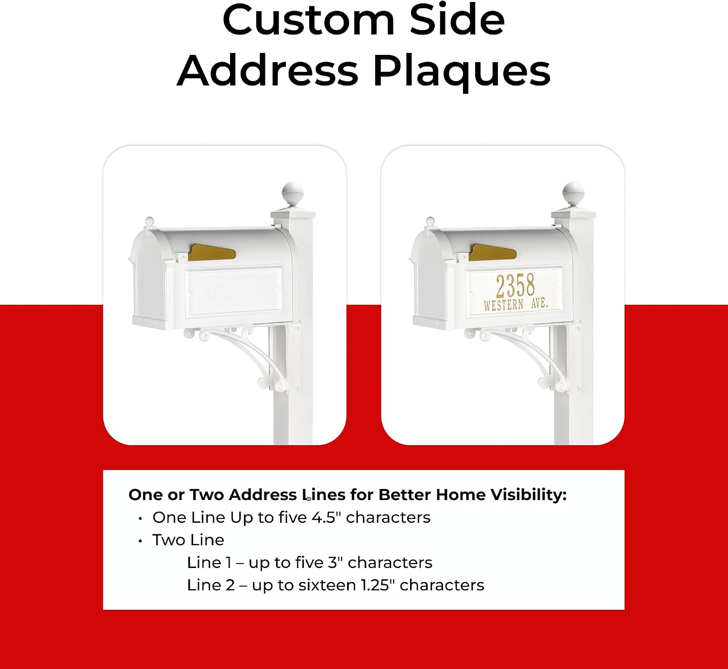 Custom Address Mailbox with Post in White Whitehall Deluxe Streetside Mailbox Personalized Plaques Weather-Resistant Cast Aluminum Design