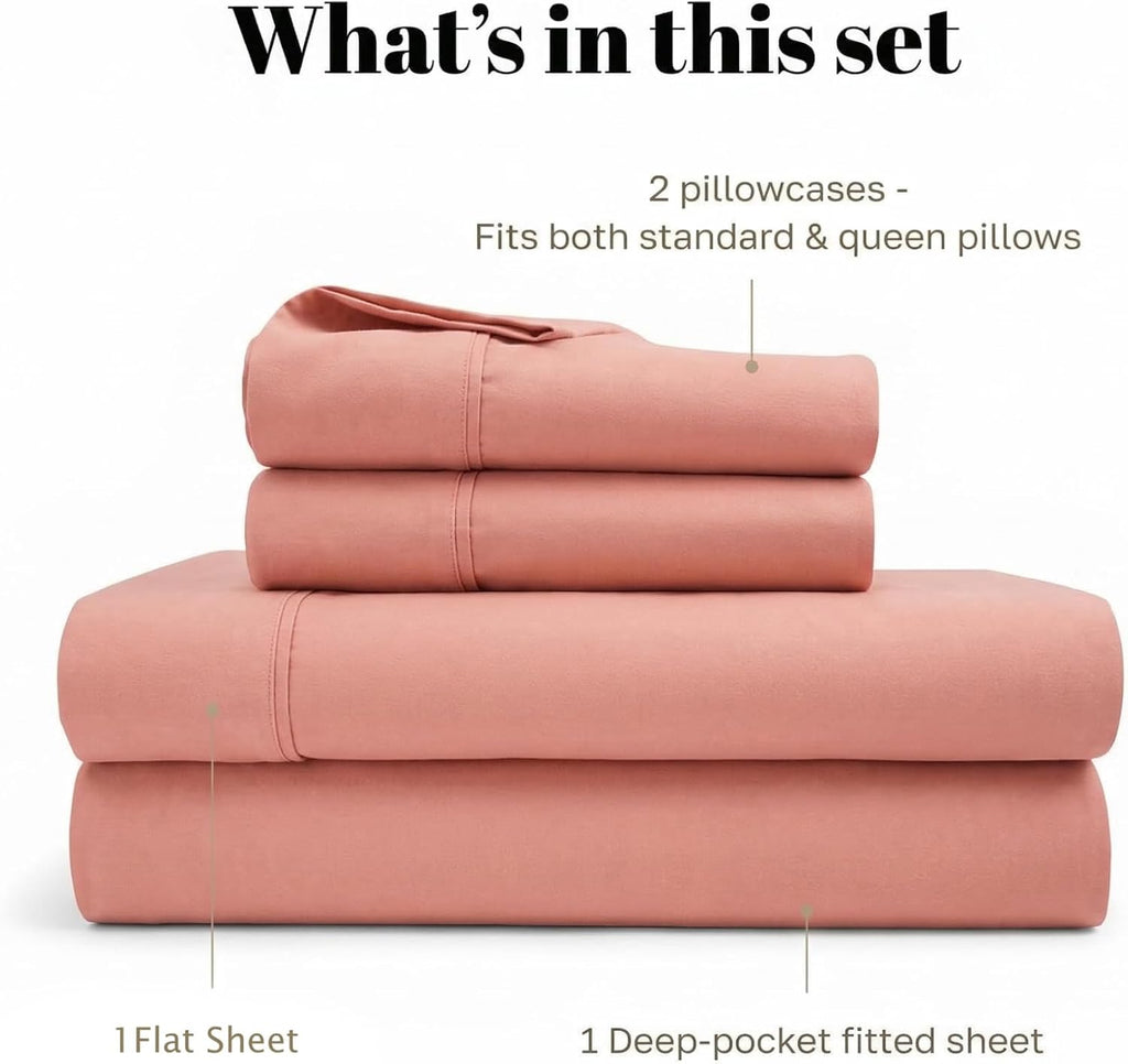 Superior Egyptian Cotton 530 Thread Count Bed Sheet Set, 1 Elastic Deep Pocket Fitted Sheet, 1 Flat Sheet, 2 Pillowcases, Soft Bedding, Luxury Sheets, Sateen Weave, King Size, Blush