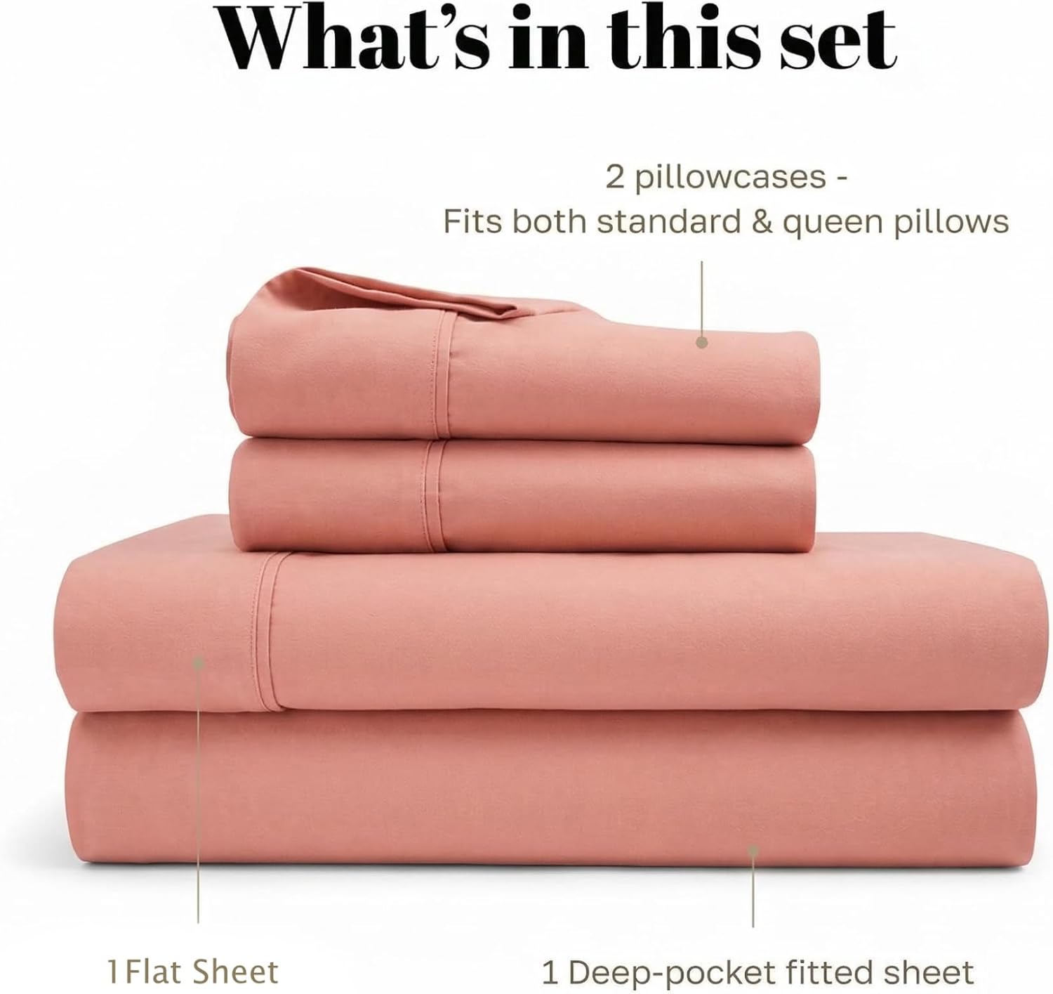 Superior Egyptian Cotton 530 Thread Count Bed Sheet Set, 1 Elastic Deep Pocket Fitted Sheet, 1 Flat Sheet, 2 Pillowcases, Soft Bedding, Luxury Sheets, Sateen Weave, Queen Size, Blush