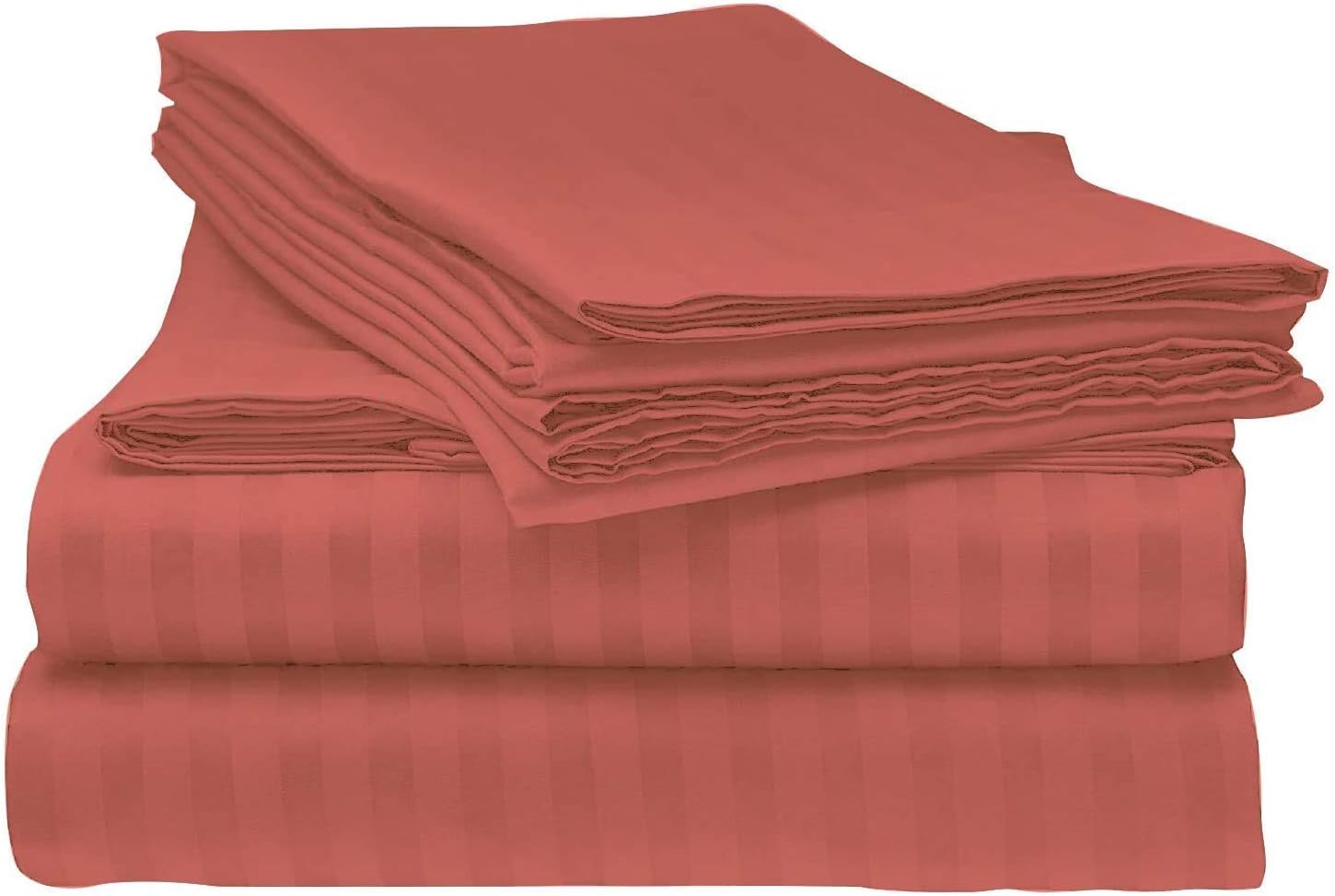 LaxLinen 600 Thread Count Super Soft Quality 100% Egyptian Cotton 6 PCs Bed Sheet Set (+26 Inch) Extra Deep Pocket Queen Bed Size, Brick Red Stripe