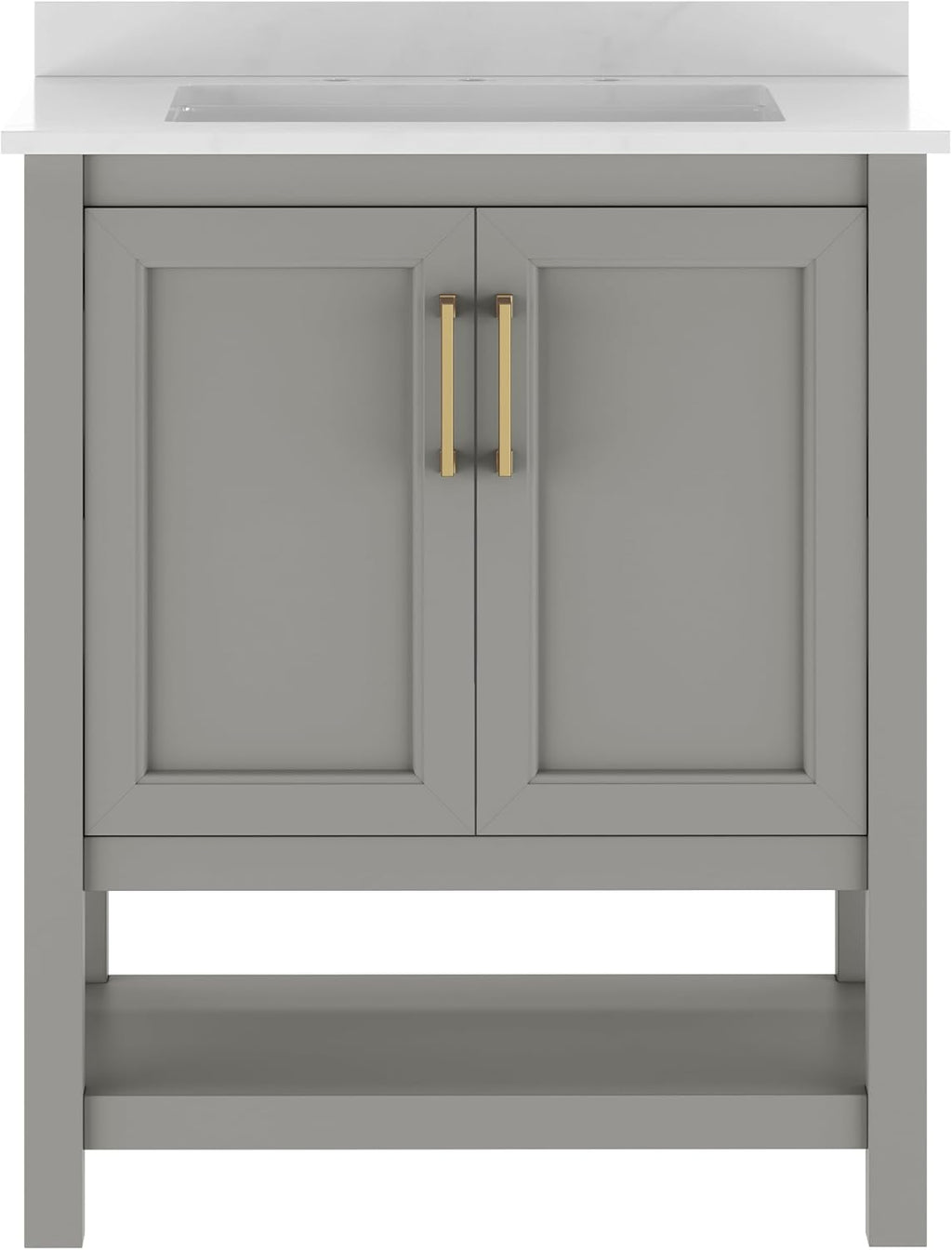 Flash Furniture Vega 30 Inch Bathroom Vanity with Sink Combo, Storage Cabinet with Soft Close Doors and Open Shelf, Carrara Marble Finish Countertop, Gray/White