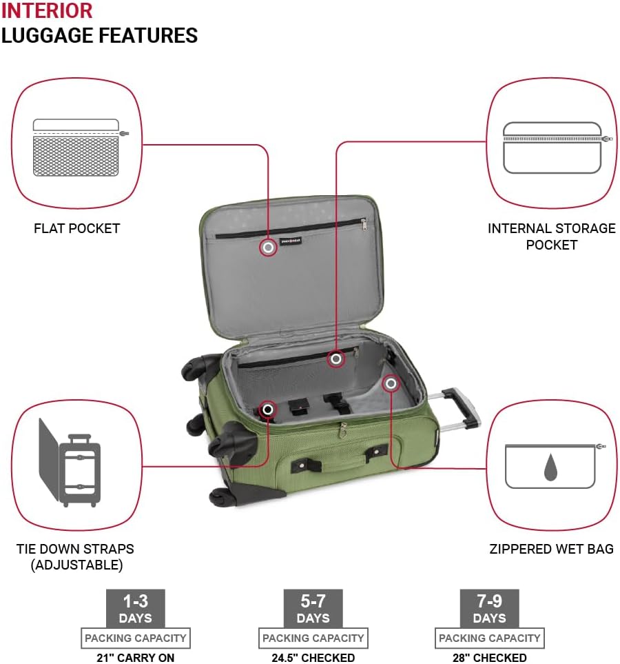SWISSGEAR Sion Softside Expandable Spinner Luggage Durable Lightweight Travel Suitcase, Evergreen, 3-Piece Set (Carry-On/Medium/Large)