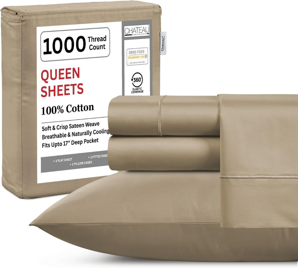 100% Cotton Queen Sheet Set - 1000 Thread Count Deep Pocket Sheets Queen Size, Luxury Hotel Collection Sheets, Soft & Comfy Machine Washable - Taupe