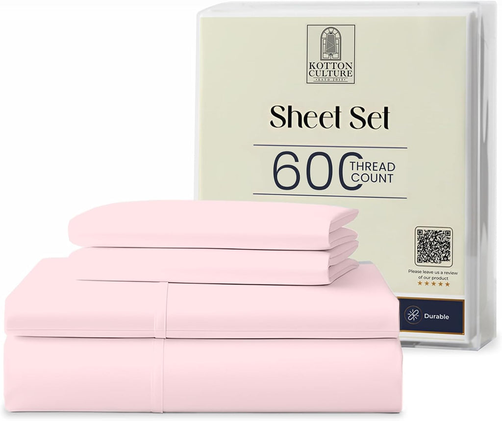 Kotton Culture Bed Sheets 4 Piece 100% Egyptian Cotton 600 Thread Count Soft Crisp Cooling Cotton Luxury Hotel Sheets Thick with 16' Inch Deep Pocket Snug Fit Sateen Weave(Pink Blush,Alaskan King)