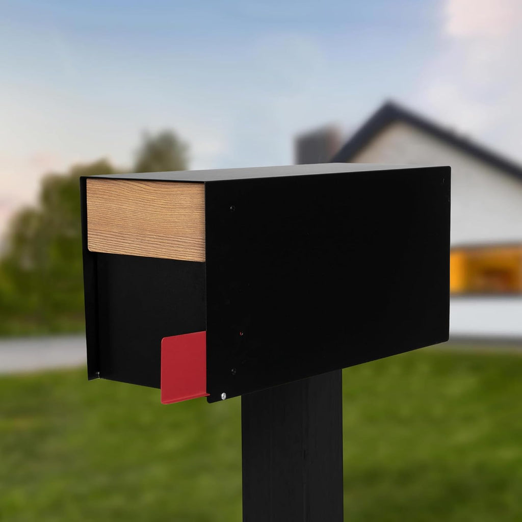 Ilyapa Black Modern Mailbox Post Mount Mailboxes for Outside - Powder Coated Steel Metal Mail Box, Outdoor All Weather & Corrosion Resistant, Stainless Steel Hinges & Magnetic Door