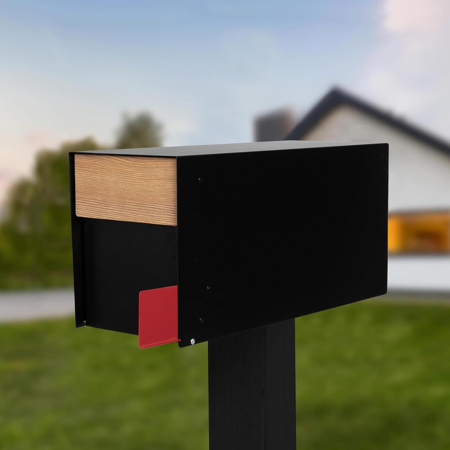 Ilyapa Black Modern Mailbox Post Mount Mailboxes for Outside - Powder Coated Steel Metal Mail Box, Outdoor All Weather & Corrosion Resistant, Stainless Steel Hinges & Magnetic Door
