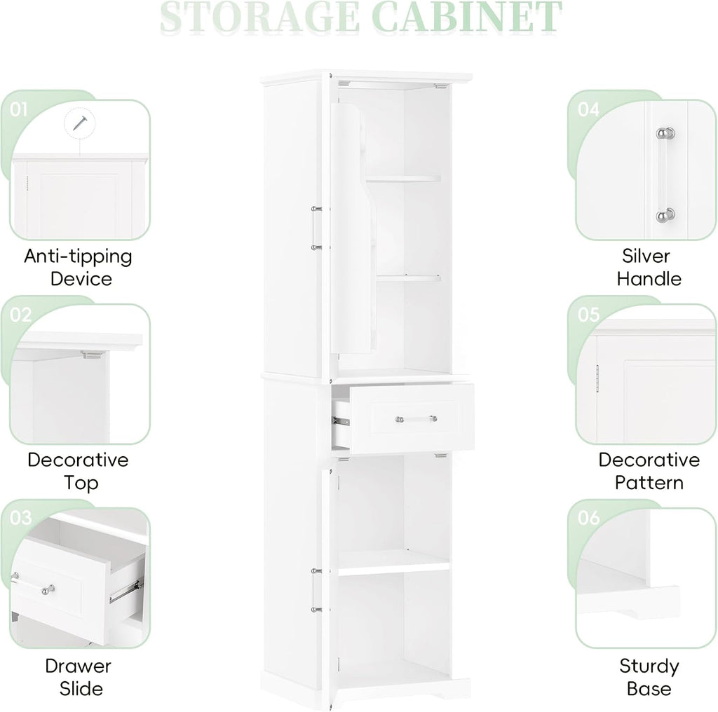Tall Bathroom Storage Cabinet, Freestanding Bathroom Accent Storage Cabinet with Doors & Adjustable Shelves & Built-in Door Shelve for Home Kitchen, Living Room (White Style3)