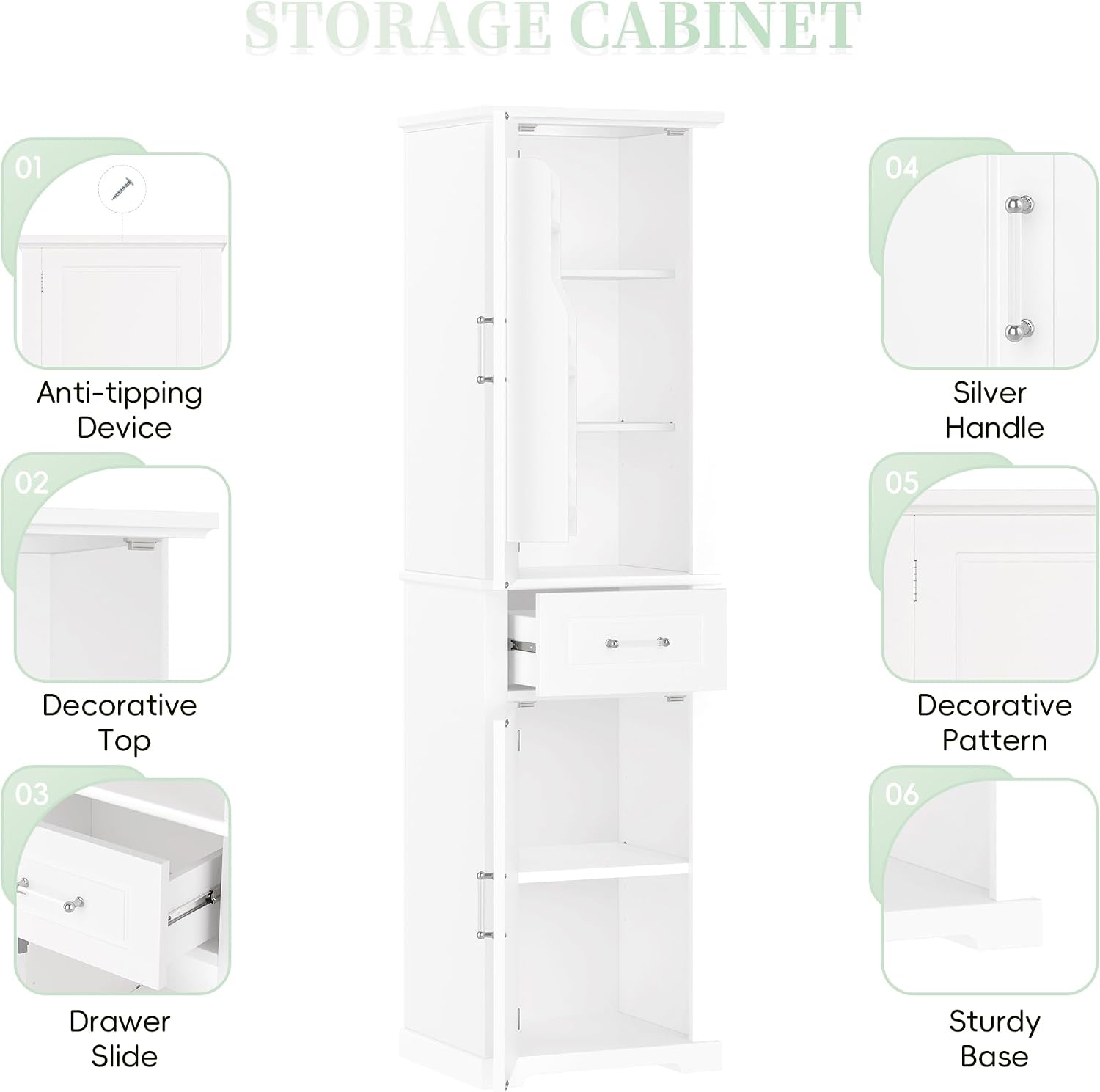 Tall Bathroom Storage Cabinet, Freestanding Bathroom Accent Storage Cabinet with Doors & Adjustable Shelves & Built-in Door Shelve for Home Kitchen, Living Room (White Style3)