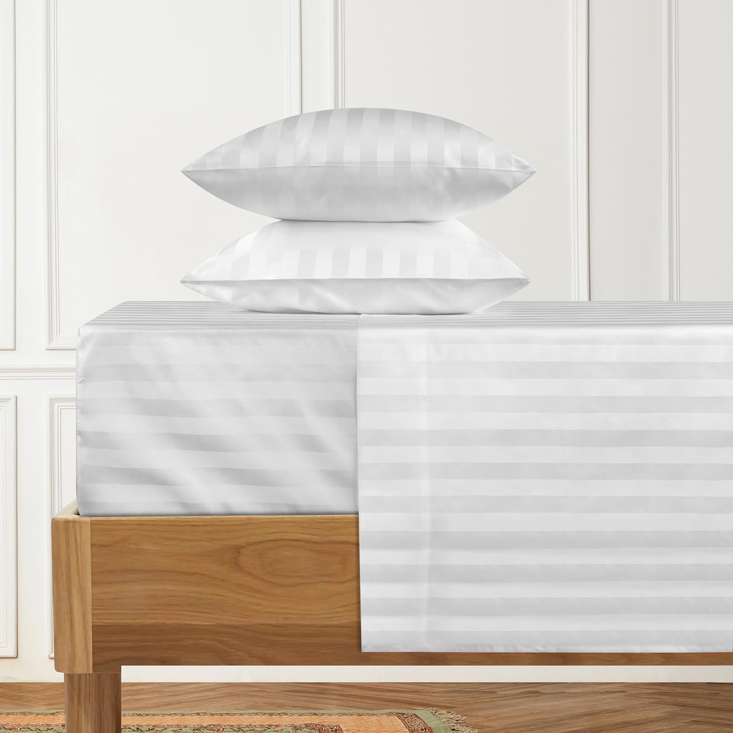 Damask Stripe Full XL Size Low Profile 6 Piece Sheet Set (7-10 Inches) - 1000 Thread Count 100% Egyptian Cotton Sateen 6 PC Luxury Bed Sheets Perfect for Low Profile Mattress - White