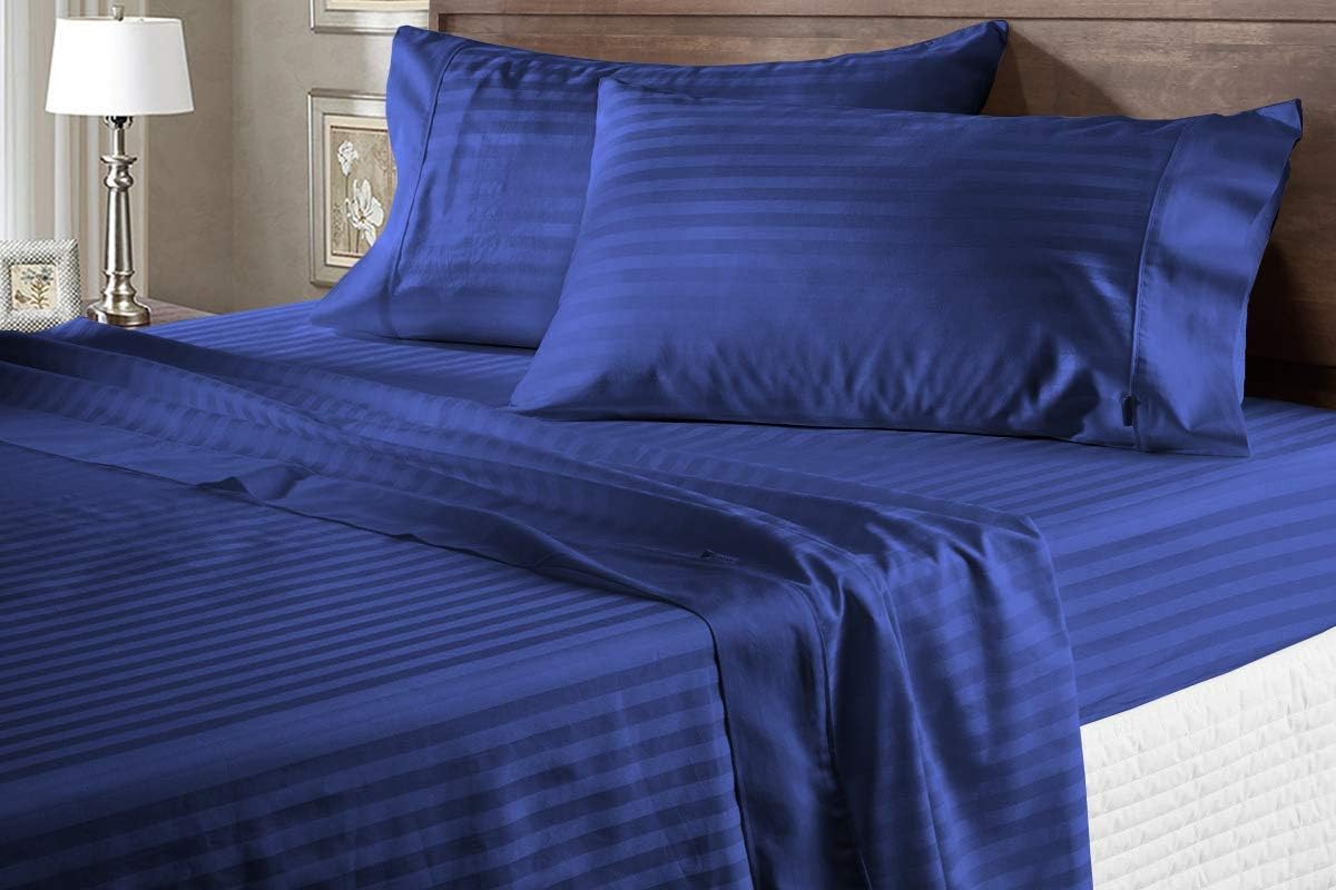 AMAY Luxury Soft 100% Egyptian Cotton 6pc Sheet Set Sateen Weave 800 TC Twin Size, Fits Mattress Upto 16-18'' Deep Pocket, Royal Blue Stripe