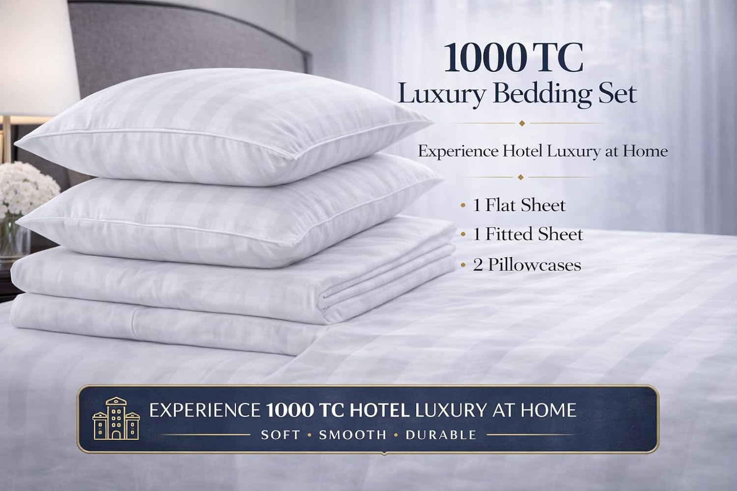 100% Egyptian Cotton Sheets Queen Size – 1000 Thread Count Luxury Hotel Sateen Weave Sheet Set, Soft & Breathable, 17' Deep Pocket, 4-Piece White Striped Bedding, All-Season Comfort