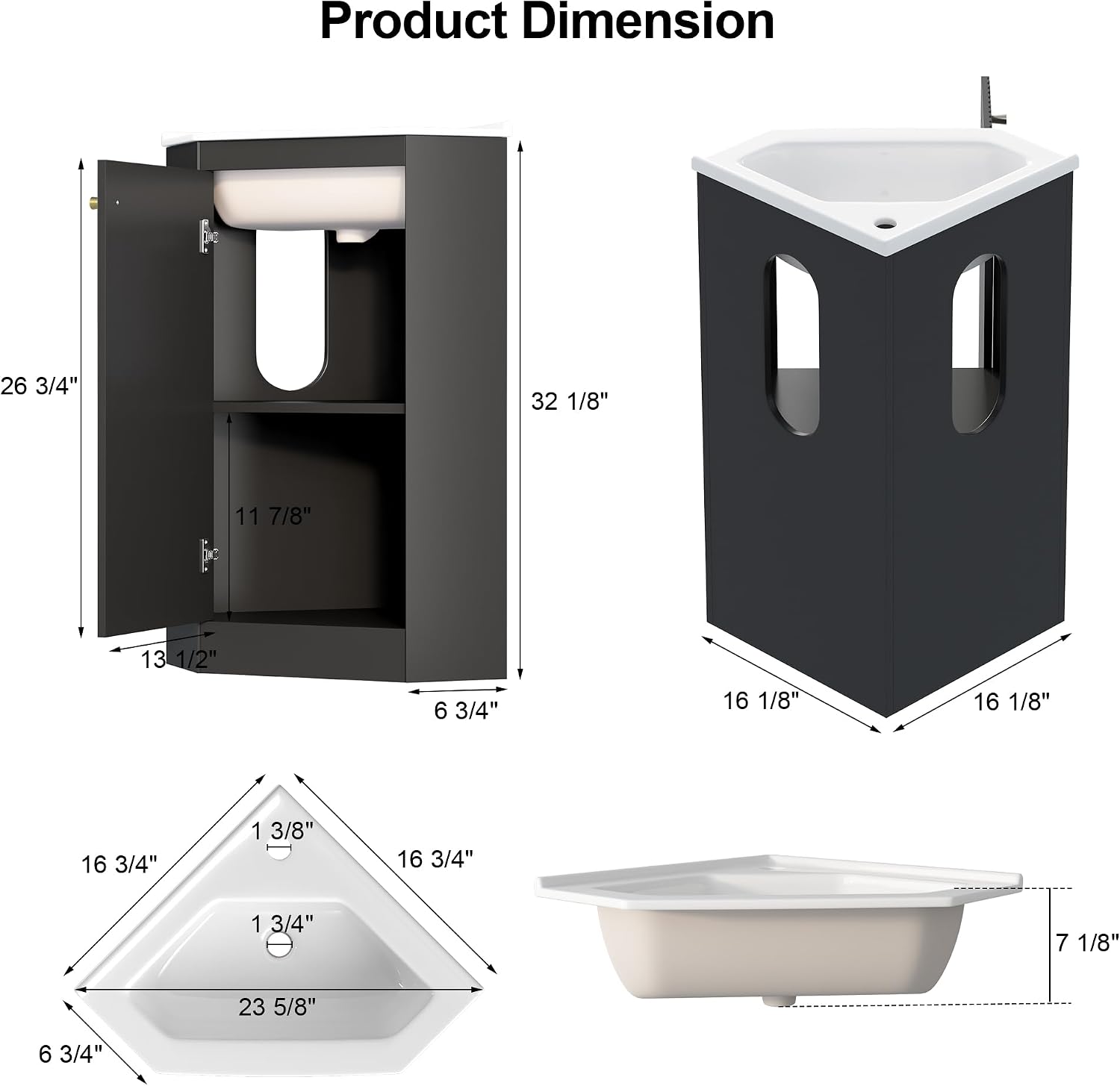 24 Inch Corner Bathroom Vanity with Sink for Small Spaces, Black Freestanding Bathroom Vanity with Ceramic Sink, Modern Wall Mount Small Bathroom Vanity for Powder Room,Half Bath(No Faucet)