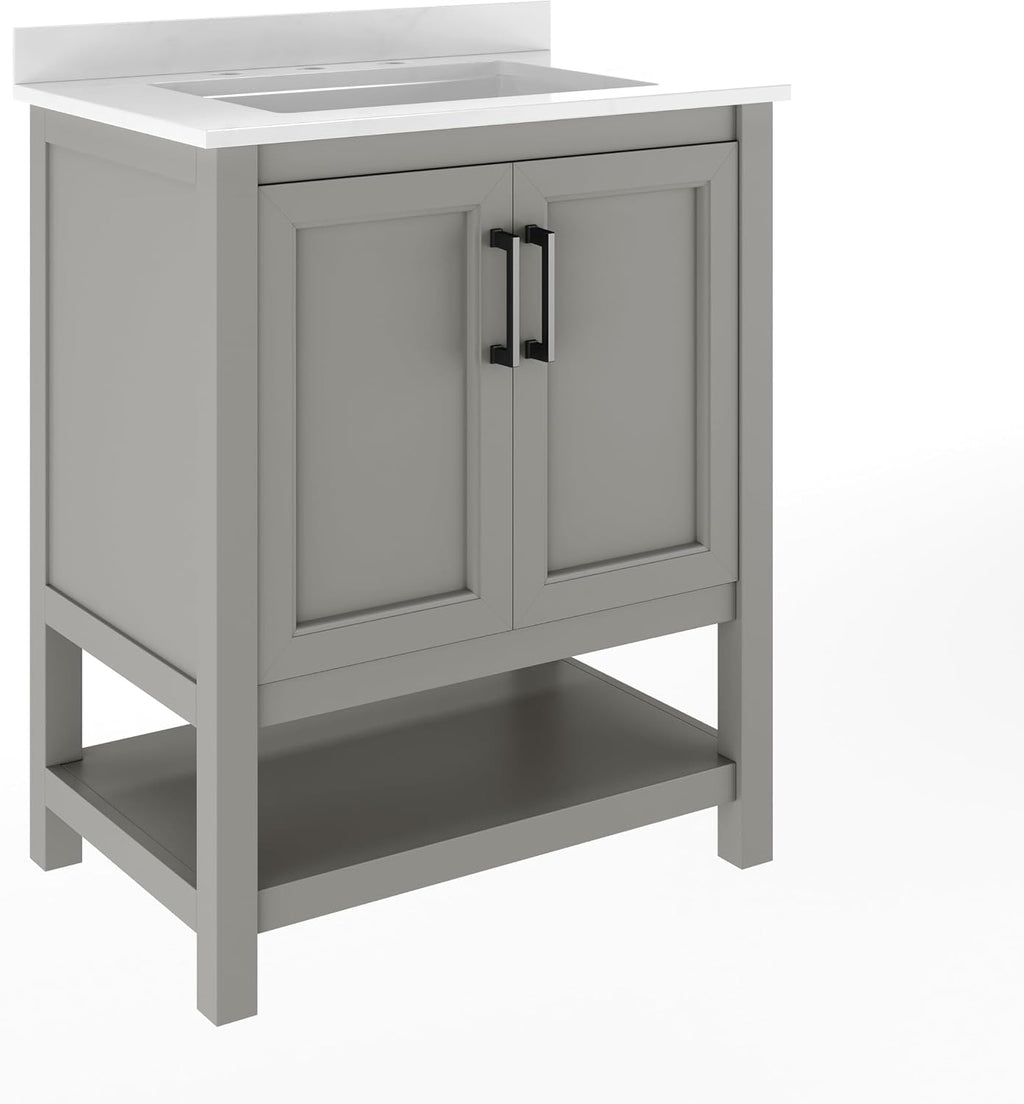 Flash Furniture Vega 30 Inch Bathroom Vanity with Sink Combo, Storage Cabinet with Soft Close Doors and Open Shelf, Carrara Marble Finish Countertop, Gray/White