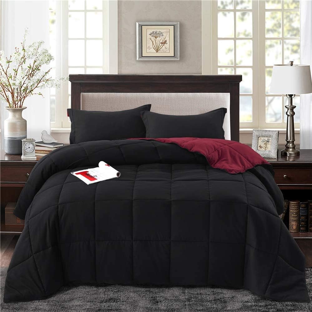 500 TC Solid Down Alternative 3 Piece Reversible Comforter Set - 100% Egyptian Cotton Solid-Queen Size-Black/Burgundy