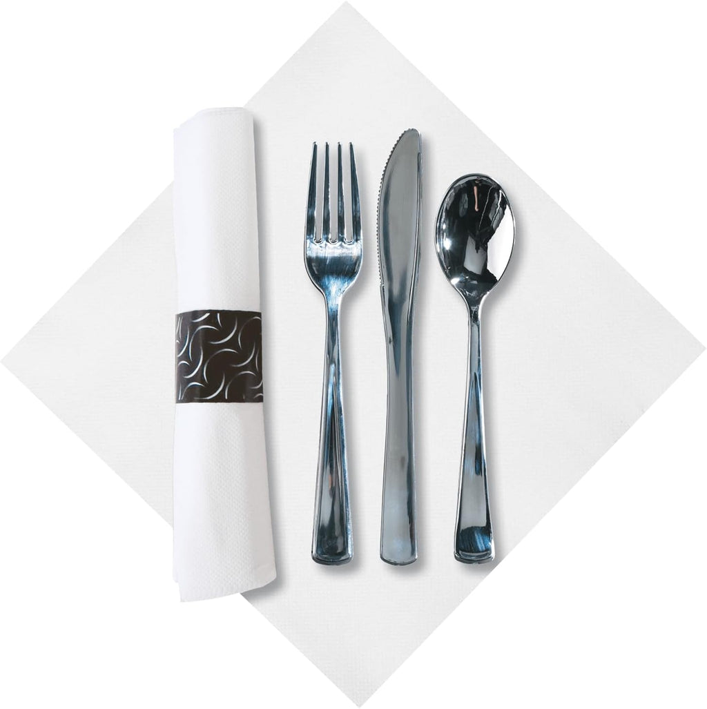 Hoffmaster 119979 FashnPoint CaterWrap Pre-Rolled Dinner Napkin and Heavyweight Cutlery, Crescent, White/Metallic (Case of 100),15.5x15.5 inch