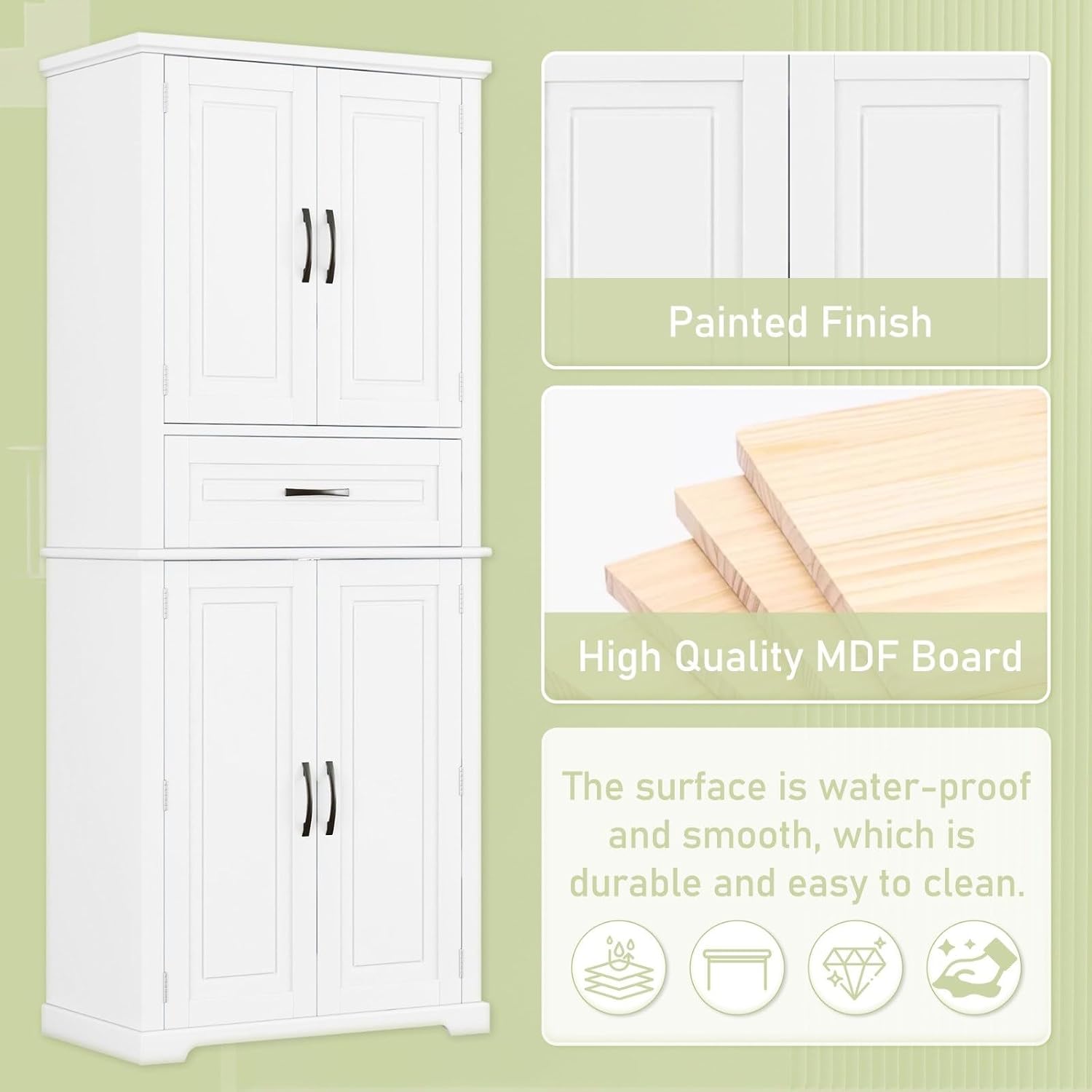 Tall Storage Cabinet with Adjustable Shelves, Large Drawer, and Door Storage Racks, 72' Kitchen Pantry Organizer with Magnetic Door Stopper and Metal Handles, Waterproof Finish for Home Use