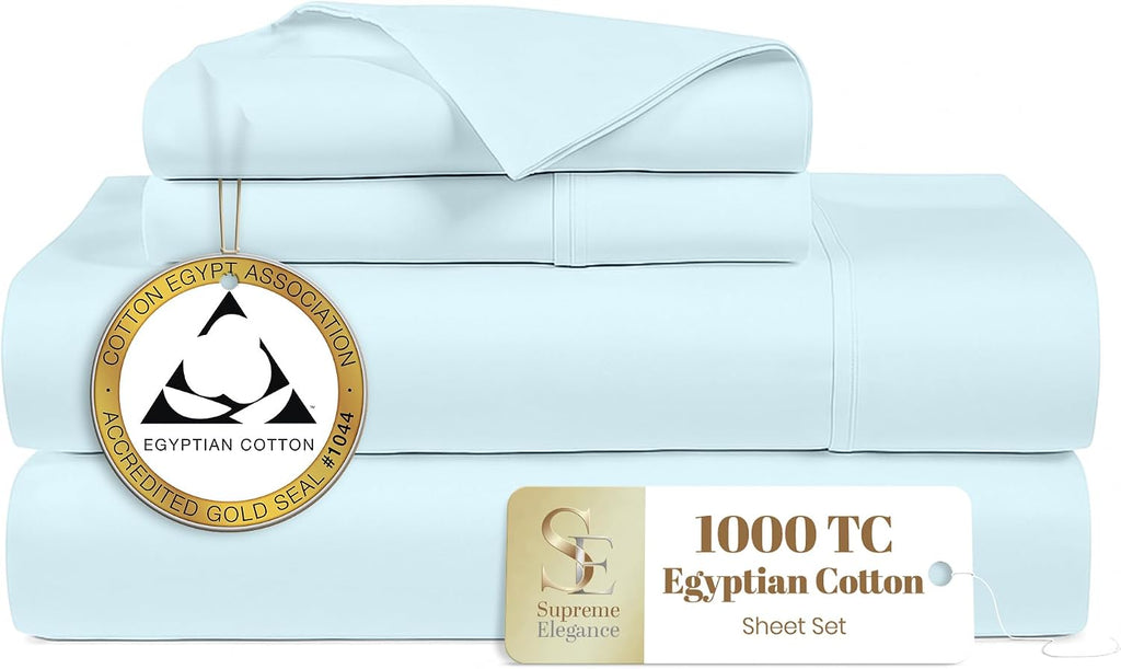 Supreme Elegance 1000 Thread Count Egyptian Cotton Queen Sheet Set, 4-Pieces Hotel Luxury Sateen Soft Bedding, 18' Deep Pocket Queen Sheets, Durable, Moisture Wicking & Breathable Bed Sheets, Sky Blue