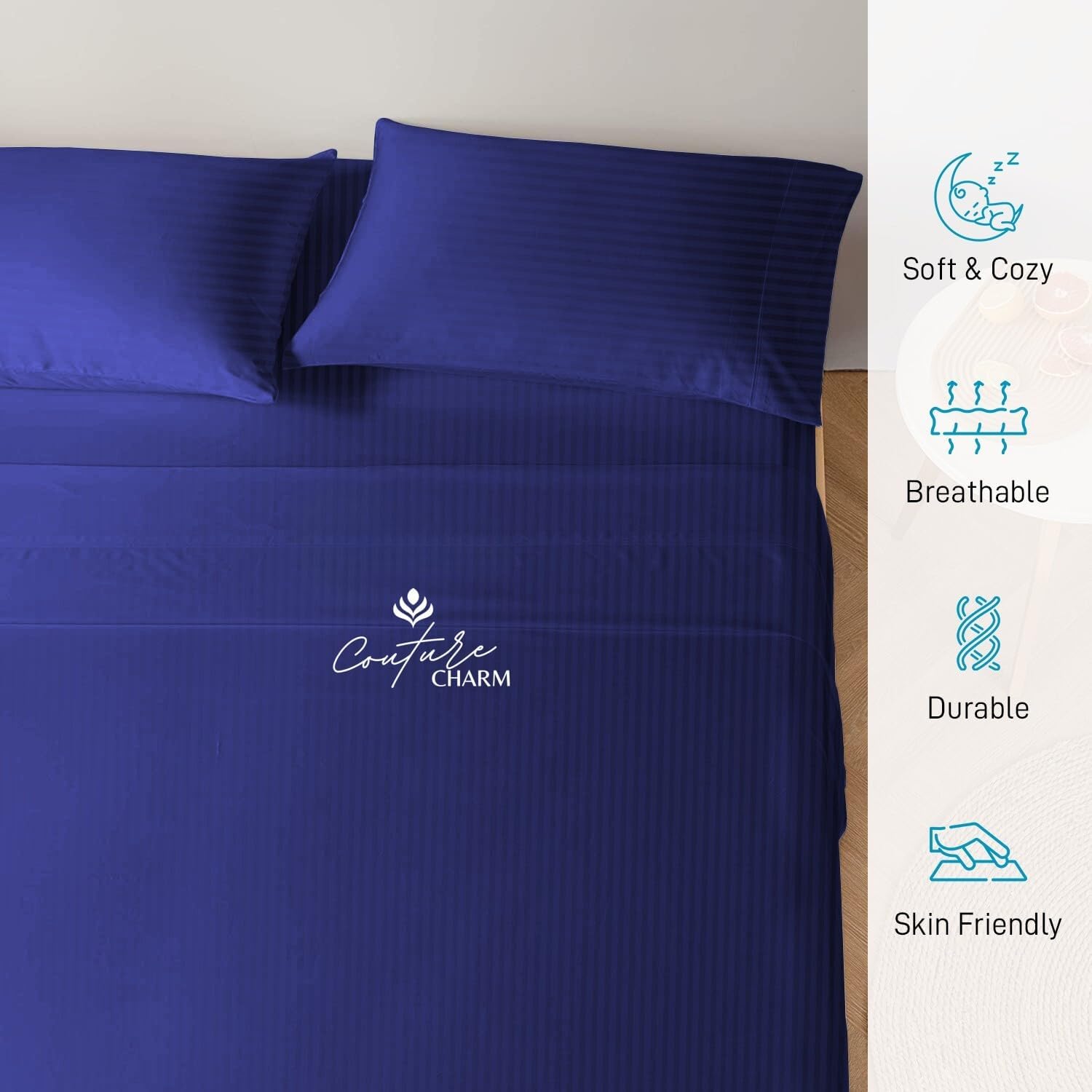 Queen Size 1000 Thread Count 100% Egyptian Cotton Sheet Set, 4-Piece, Sateen Weave, with 10-12' Deep Pocket Snug Fit (Stripe, Royal Blue)
