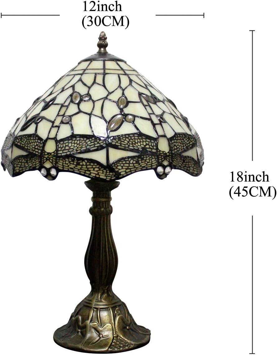 WERFACTORY Tiffany Lamp Cream Stained Glass Dragonfly Bedside Table Lamp Desk Reading Light 12X12X18 Inches Decor Bedroom Living Room Home Office S139 Series