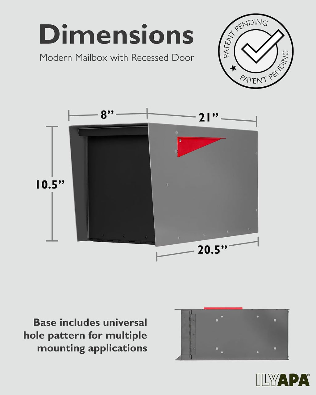 Ilyapa Modern Mailbox for Post Mount - Gray with Black Door Powder Coated Steel, Waterproof Letter Box for Parcels, with Recessed Magnetic Close Door