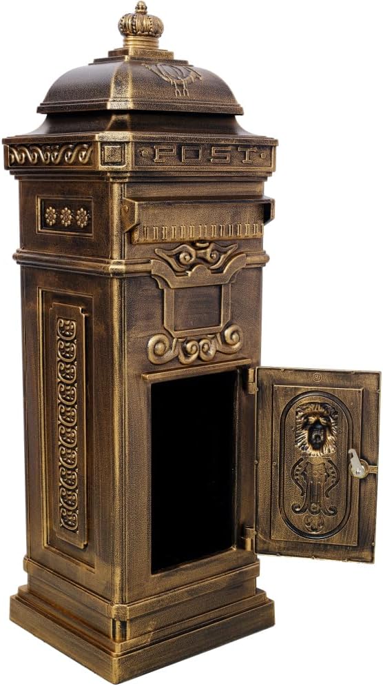 Copper Mailbox, Large Lockable Package Drop Box with Roman Statue, Rustproof Cast Aluminum Mail Boxes for Outside, Vintage Post-Mount Design, Weatherproof & Elegant Garden Letter Box (Copper)