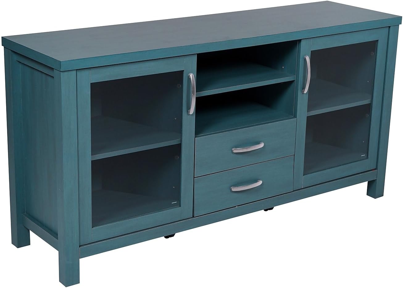 Flash Furniture Dion Modern Buffet Sideboard Storage Cabinet, Engineered Wood Construction, 2 Tempered Glass Soft Close Doors, 2 Drawers, Open Shelf, 59', Teal