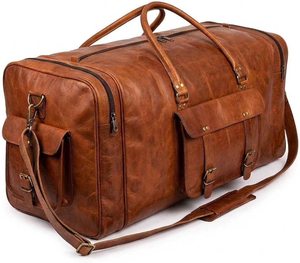 Leather Duffle Bag for Men Luggage Handmade Travel Bag Carry On Luggage Weekender Bags Overnight Gym Sports Cabin Holdall Bag For Airplanes Men And Women (34 Inch Brown)