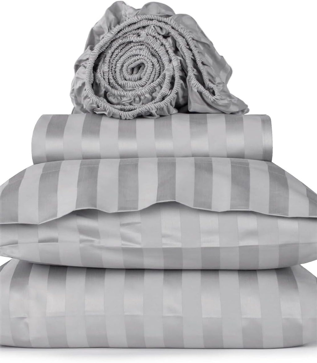 Damask Stripe Twin Size 6 Piece Sheet Set 12 inch Deep Pocket - 1000 Thread Count 100% Egyptian Cotton 6 PC Luxury Cotton Damask Bed Sheets - Silver Grey