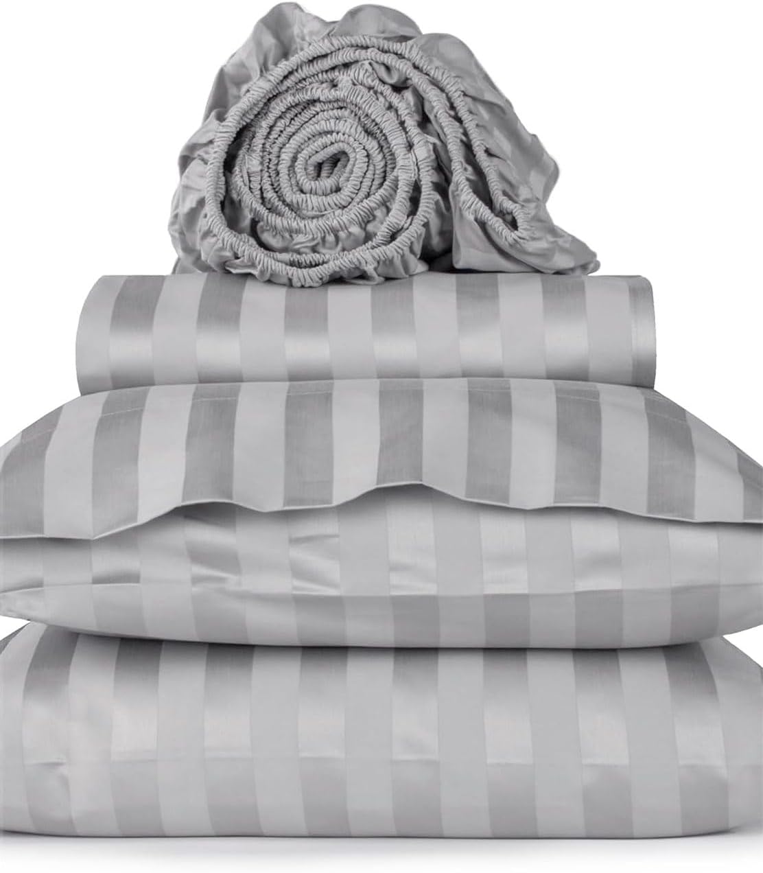 Damask Stripe Full XL Size 6 Piece Sheet Set 12 inch Deep Pocket - 1000 Thread Count 100% Egyptian Cotton 6 PC Luxury Cotton Damask Bed Sheets - Silver Grey